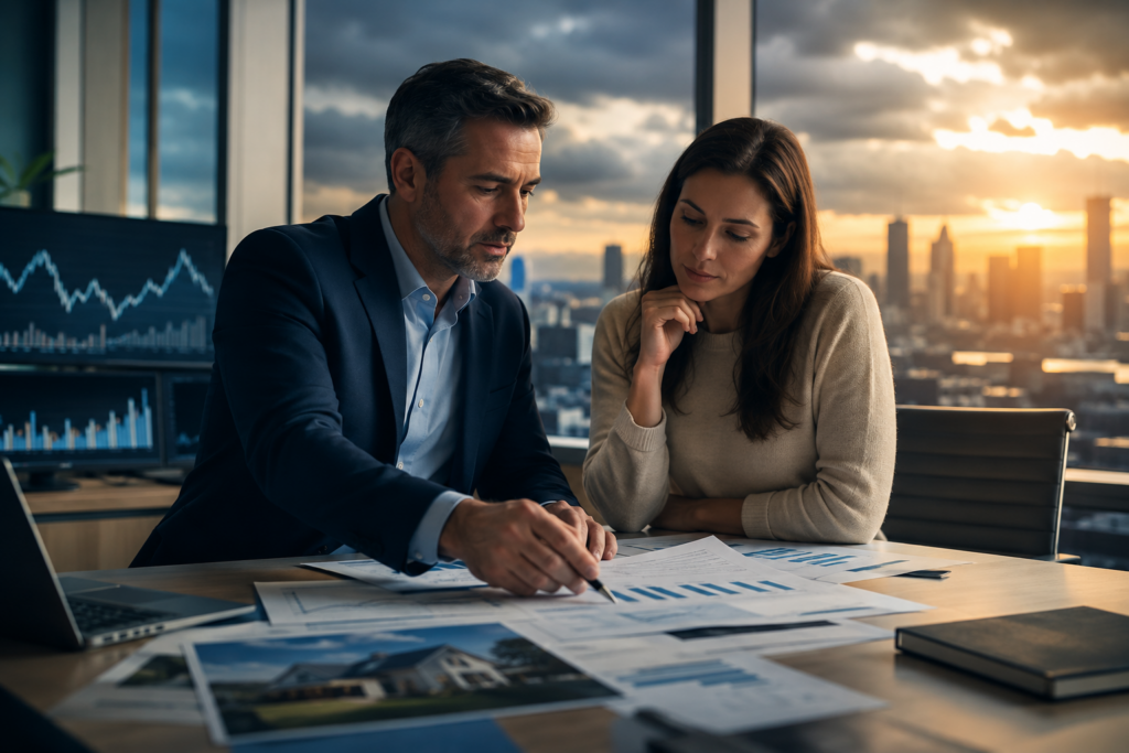 Two professionals review financial documents at a desk in a modern office with city skyline and sunset visible through large windows. Graphs and charts are spread across the table.