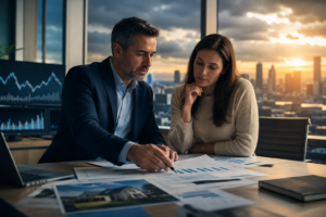 Two professionals review financial documents at a desk in a modern office with city skyline and sunset visible through large windows. Graphs and charts are spread across the table.